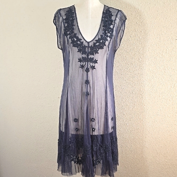 Viya By Johnny Was Elegant Sheer Navy Dress with Floral Embroidery - Picture 1 of 9